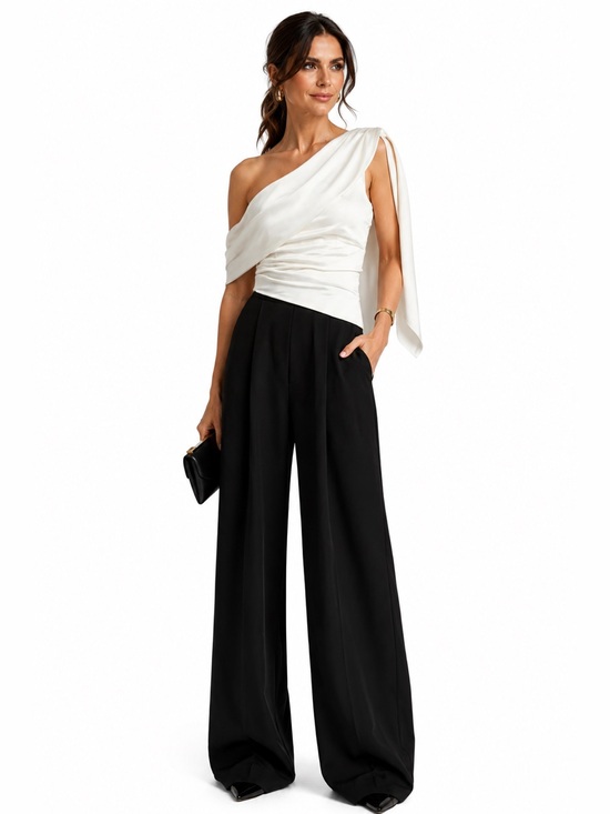 Zac Posen Pants - ZAC POSEN One-Shoulder Draped Jumpsuit Ivory/Black Size 10 NWT $595